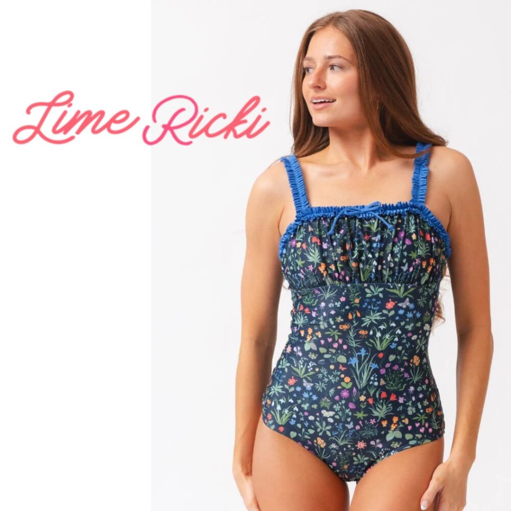 {NWT} LIME RICKI Forage Floral Ruffle Strap One Piece | M | navy botanical
